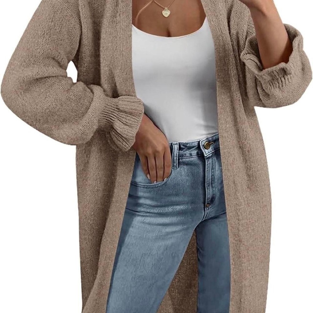 KIRUNDO Womens Long Cardigan Oversized Open Front Ruffle Sleeve Sweater Taupe M